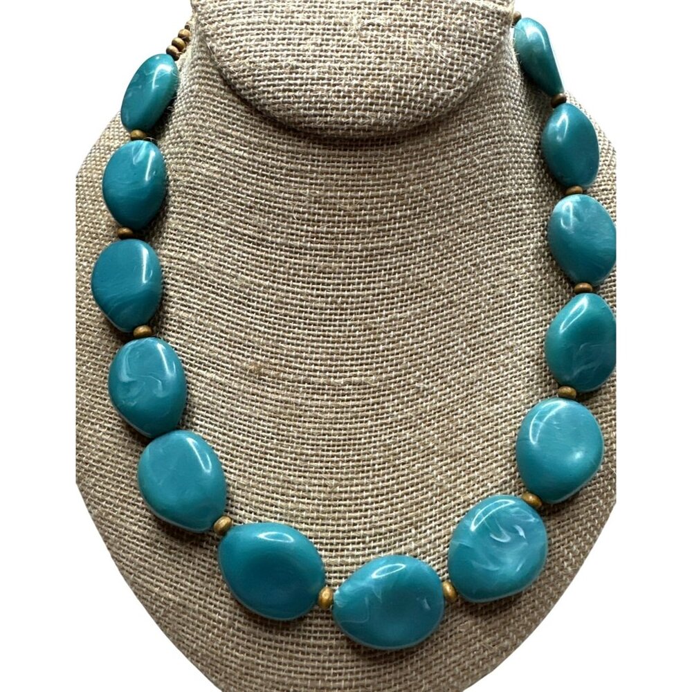 Boho Chic Blue Necklace Wood Bead Accents Marbled Design